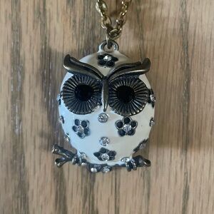 Ivory and Black Enameled “Owl” Pendant w/ Rhinestone Accents & Antique Gold tone